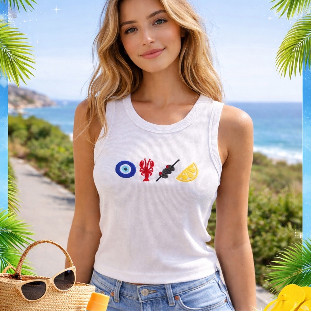White Embroidered Crewneck Tank Top - Summer Icons lobster, lemon, eye, olives